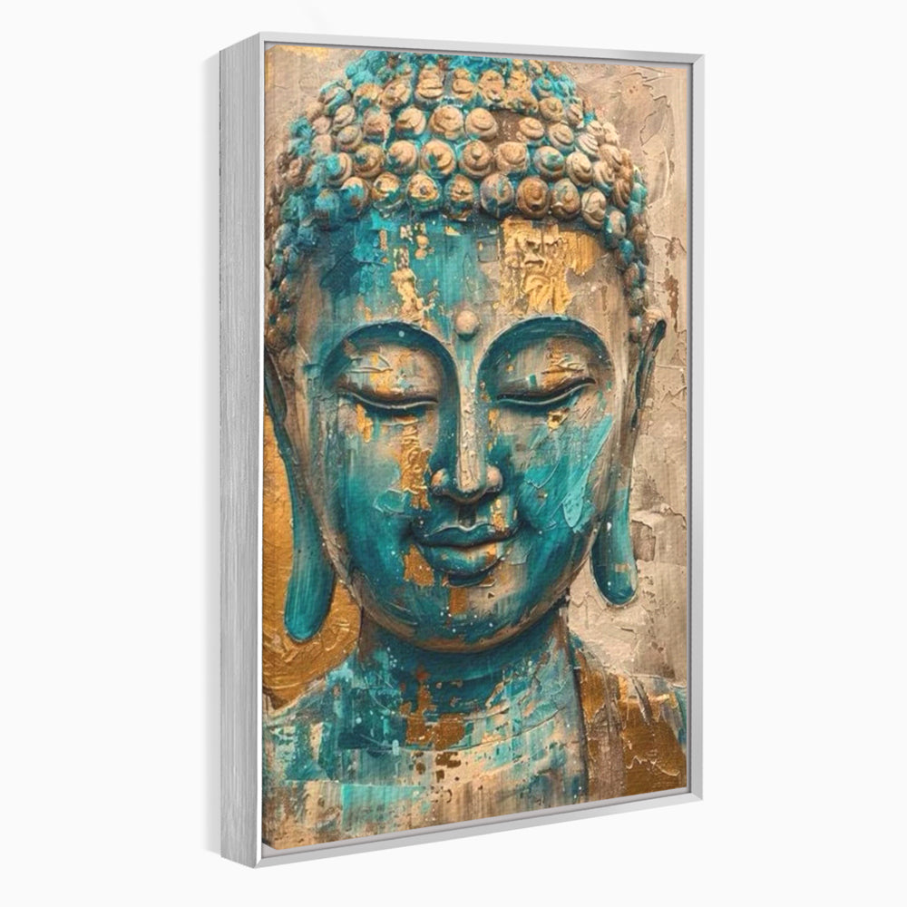 Tablou canvas cu tablou canvas cu capul lui buddha, in rama de aluminiu argintiu